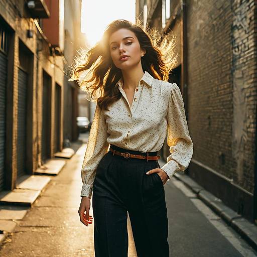 Woman with textured blowout hairstyle in urban alley
