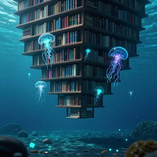 Digital artwork: Floating, modern bookshelf-like structure with colorful books underwater, surrounded by glowing, bioluminescent jellyfish with translucent, purple-