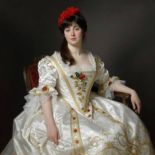 Photograph of a pale-skinned woman in an ornate white Victorian dress with gold embroidery, red floral headpiece, seated against a dark background.