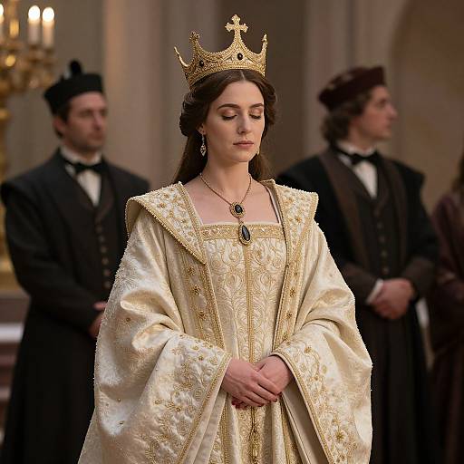 Photograph of a fair-skinned woman with long brown hair, wearing a golden crown and ornate cream robe, standing in an elegant, dimly