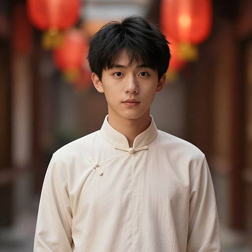 Photograph of an East Asian young man with black hair, wearing a white traditional Chinese shirt, standing in front of blurred red lanterns.