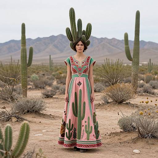 Photograph of a woman with dark hair wearing a pink, cactus-patterned dress with green and red embroidery, standing in a desert with tall c