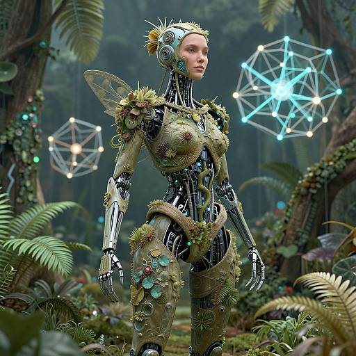Digital artwork of a futuristic, humanoid robot with floral and insect-like adornments, standing in a lush, sci-fi forest with glowing geometric lights.