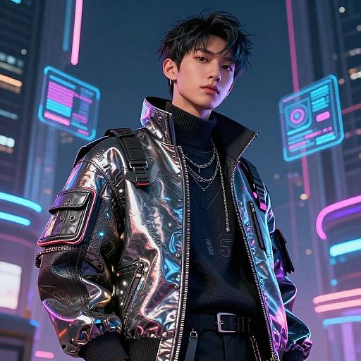 Digital art of an Asian man with spiky black hair, wearing a shiny black leather jacket and black sweater, standing in a neon-lit futuristic city