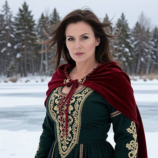 Photograph of a fair-skinned woman with dark brown hair, wearing a black medieval-style dress with gold embroidery and a red velvet cape, standing in