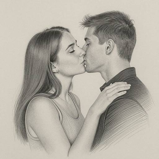 Pencil sketch of a young couple kissing passionately, woman with long hair in a tank top, man with short hair in a collared shirt, white