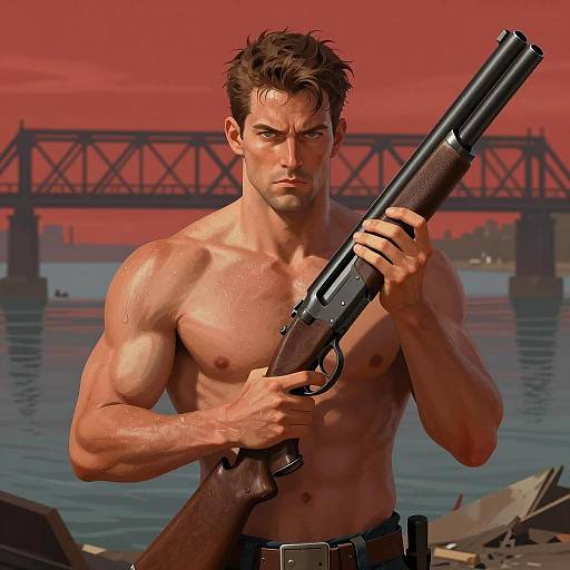 Intense Muscular Man with Double-Barreled Gun