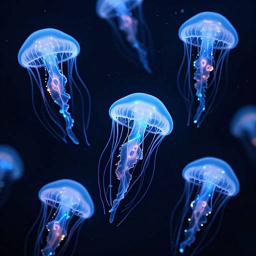 Photograph of glowing blue jellyfish with translucent, flowing tentacles, floating against a dark, starry background, creating a mesmerizing underwater scene.