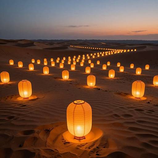 Photograph of glowing orange paper lanterns scattered across a sandy desert at dusk, with a fading blue-to-pink sky in the background.