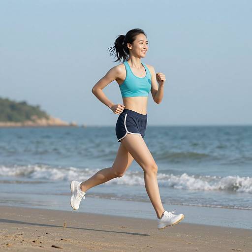 Photograph of an Asian woman with dark hair in a ponytail, running on a sandy beach in a turquoise sports bra, navy shorts, and white