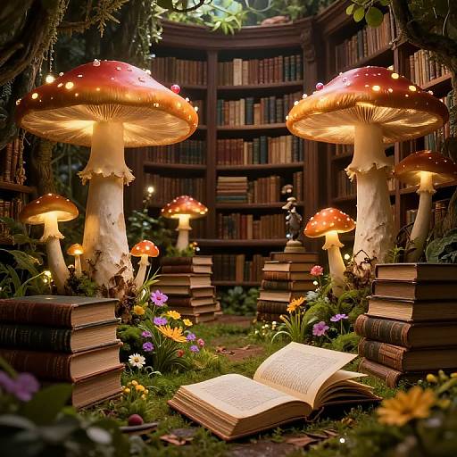 Fantastical garden scene with glowing, red-spotted mushrooms, stacked books, open book, vibrant flowers, and bookshelves in a magical forest