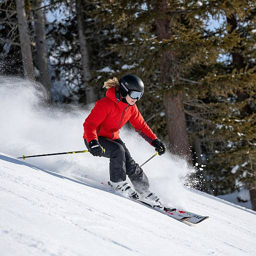 Photograph of a skier in a bright red jacket, black pants, and black helmet, carving through snow with ski poles, surrounded by tall ever