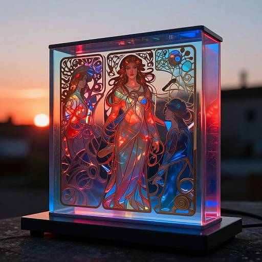 Photograph of a neon-lit, glass-encased, intricate, Art Nouveau-style sculpture of a goddess with flowing hair and ornate patterns