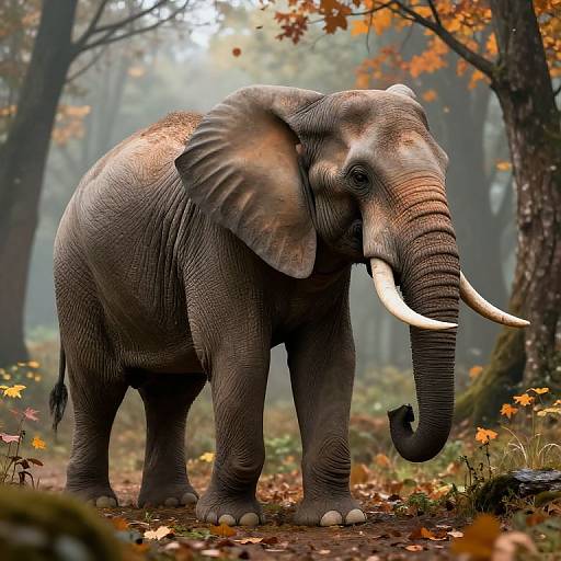 3D Elephant in Misty Autumn Forest