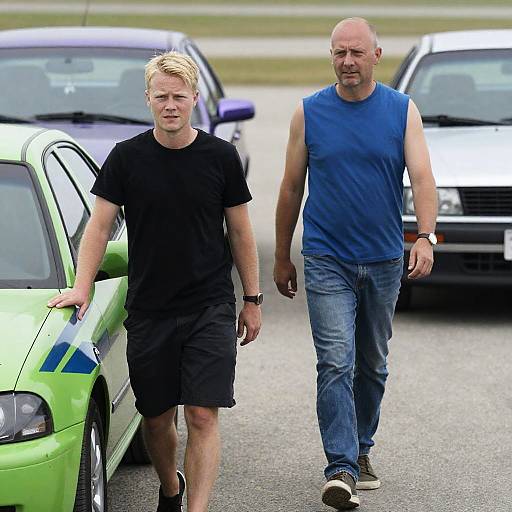 Men at a Car Lot with Colorful Cars