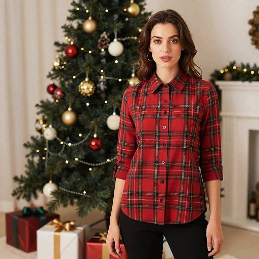 Woman in Christmas Plaid Blouse