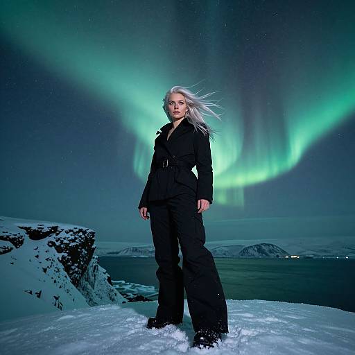 Photograph: Strong, white-haired woman in black winter gear stands confidently on snow under vivid green Northern Lights, mountains and sea in background.