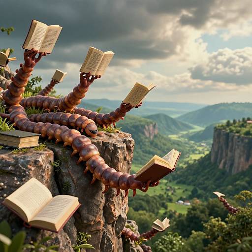 Photograph of whimsical, worm-like creatures with open books clinging to a rocky cliff, overlooking a lush, mountainous valley under a dramatic, cloudy