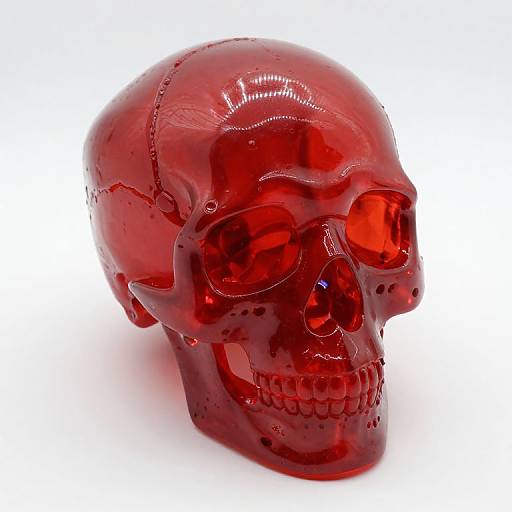 Photograph of a glossy, red, translucent skull with detailed eye sockets, teeth, and sutures, set against a clean white background.