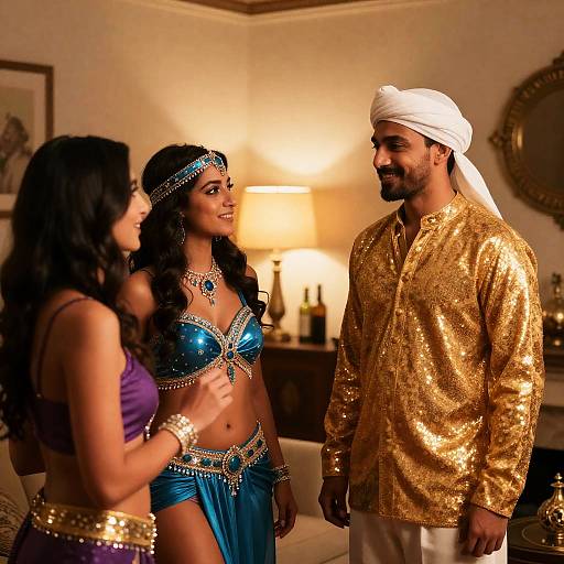 Three People in Traditional and Dance Costumes Indoors