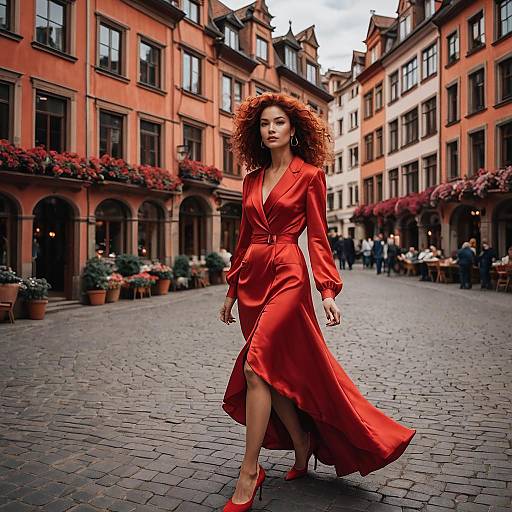 Elegant Woman in Red Dress Walking in European Old Town