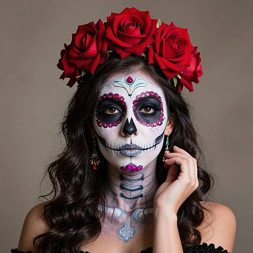 Photograph of a woman with dark curly hair, wearing a red rose flower crown, white face paint with colorful sugar skull design, red flowers on nose