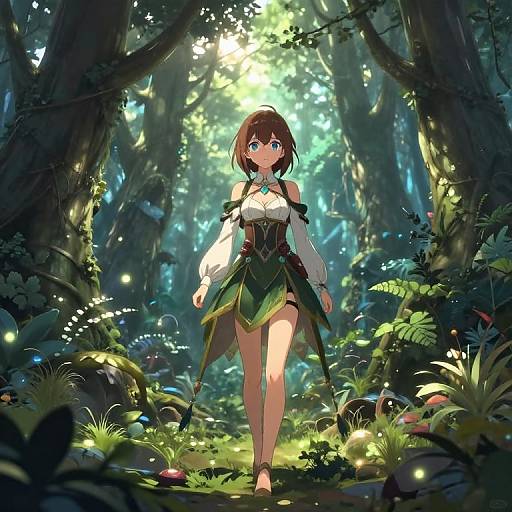 Anime-style digital artwork of a young woman with short brown hair, blue eyes, and a green leafy outfit, walking through a sunlit, enchanted