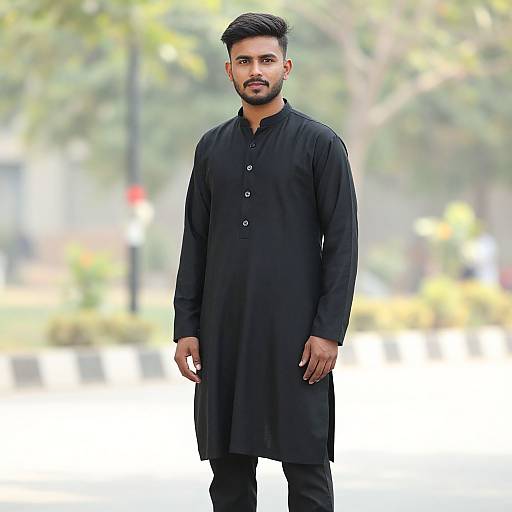 Photograph of a young South Asian man with short black hair and beard, wearing a black long kurta, standing outdoors with blurred green and yellow trees