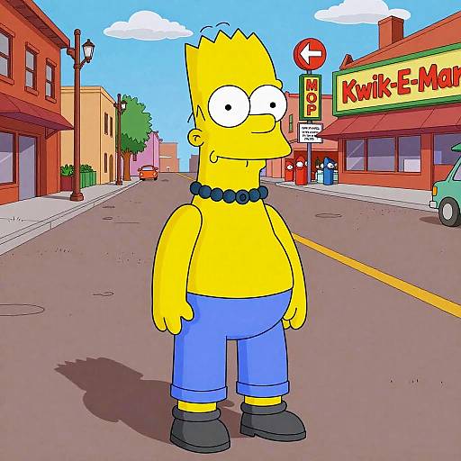 Digital cartoon of yellow-shirted, blue-pants-wearing character with black necklace standing in colorful, sunlit town street with 