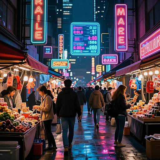 Neon-lit night market with vibrant signs, bustling crowd, and colorful stalls selling fresh fruits and goods in a busy urban setting.