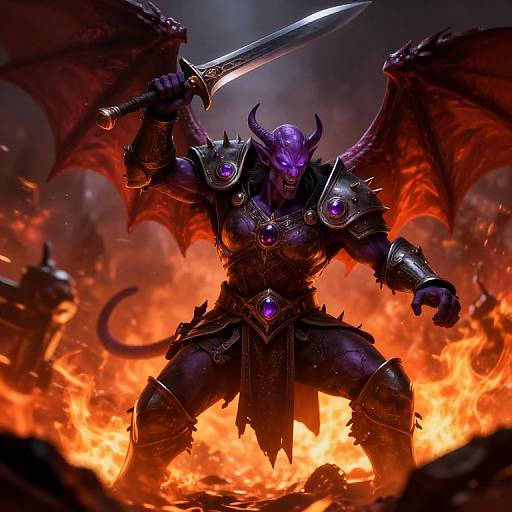 Digital artwork of a muscular, purple-skinned demon warrior with black wings, holding a glowing sword, surrounded by fiery orange flames, wearing dark armor with