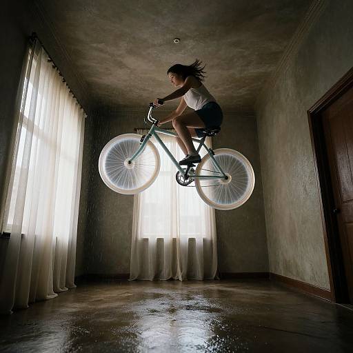 Photograph of a woman with brown hair in a ponytail, mid-air on a bicycle, in a dimly lit room with tall, white-c