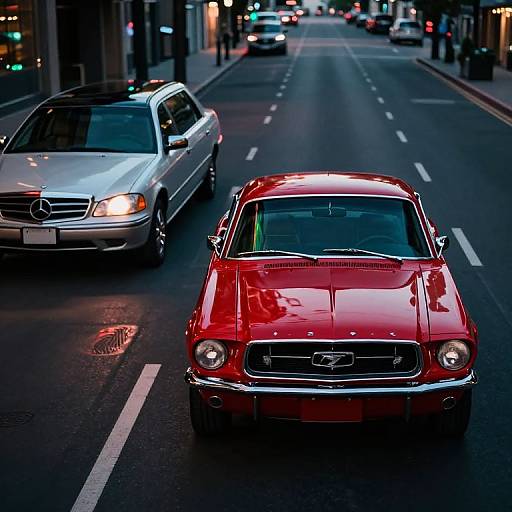 Photograph of a vibrant red classic Ford Mustang driving on a city street at night, flanked by a silver Mercedes-Benz. City lights and other cars