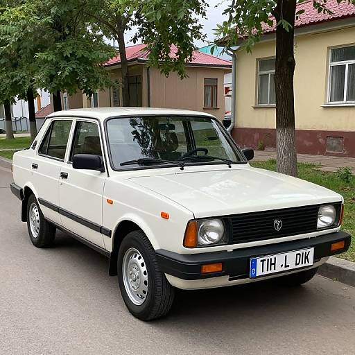 Photograph of a white, vintage, four-door sedan with black trim, parked on a suburban street, surrounded by trees and beige buildings. License plate