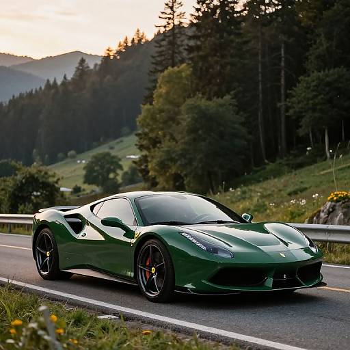 Dark Green Ferrari on Mountain Road
