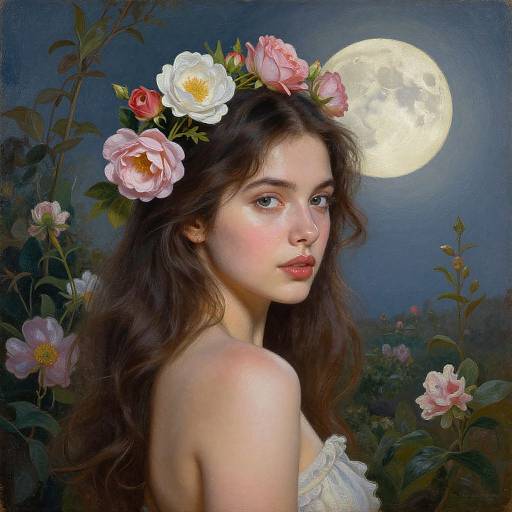 Digital painting of a fair-skinned, long-haired woman with pink and white flower crown, looking back at full moon, surrounded by blooming flowers.