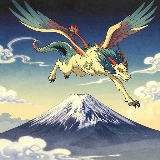 Digital illustration of a mythical, white dragon with blue and red feathers, red eyes, and a green-scaled tail, soaring over a snow-capped