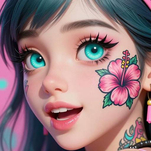 Digital artwork of a young woman with vivid blue eyes, black hair, and pink hibiscus tattoo on her cheek, smiling brightly against a pink