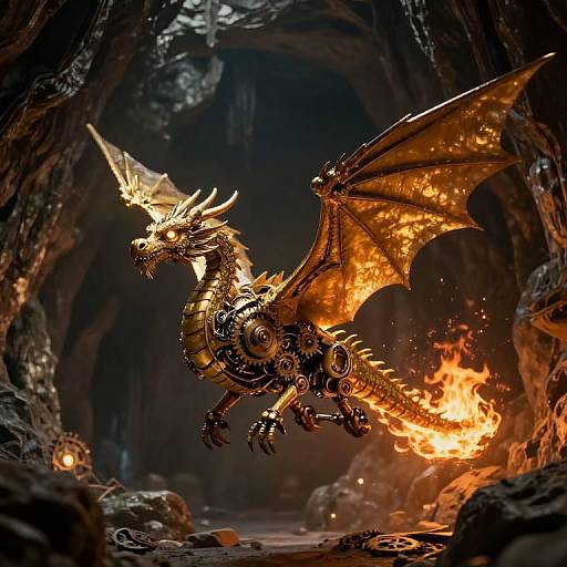 Digital illustration of a fiery, golden dragon with glowing eyes and intricate armor, flying through a dark, rocky cave. Flames erupt from its wings.