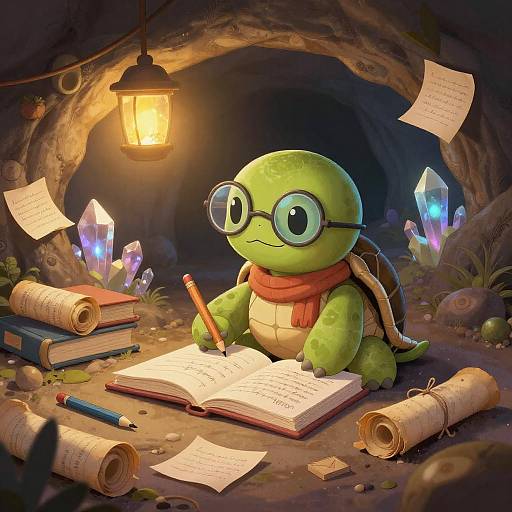 Whimsical Turtle Studying in Crystal Cave