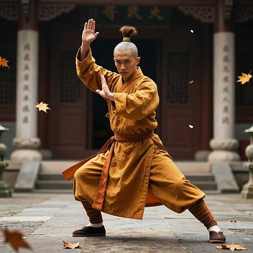 Monk Practicing Martial Arts in Courtyard