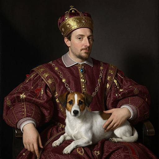 Photograph of a bearded man in ornate medieval robes, gold crown, and blue gem, holding a small white and brown dog. Dark background