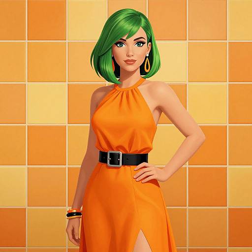 CGI image of a green-haired woman in an orange halter dress, black belt, and gold earrings, standing against a yellow-tiled wall.