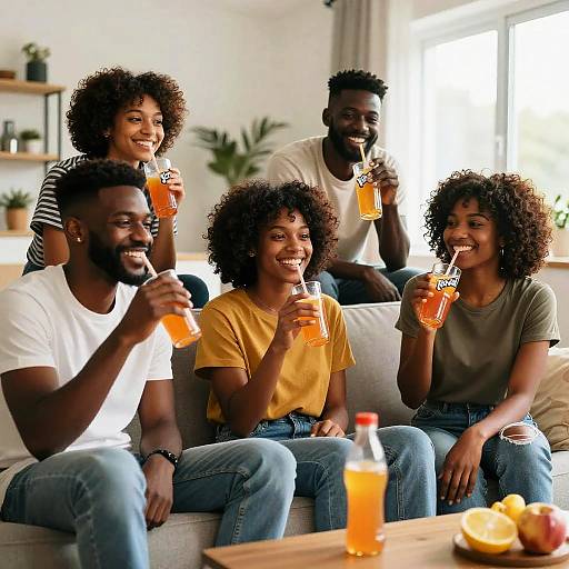 Photograph of six smiling Black friends with curly hair, sipping orange drinks on a sunlit couch in a cozy living room.