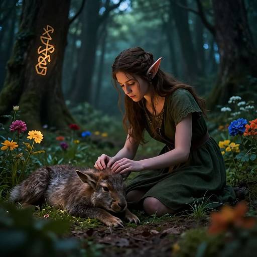 Photograph-style digital art of an elven woman with long brown hair, green dress, and pointed ears, gently petting a wolf in a forest