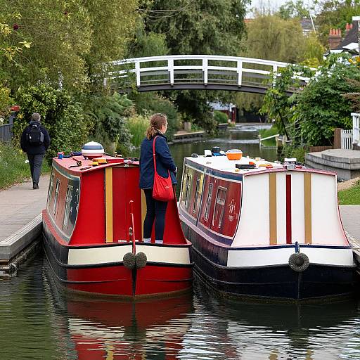 Photograph of two narrowboats with red and white stripes, moored on a calm canal. A woman with a red bag stands on the left boat