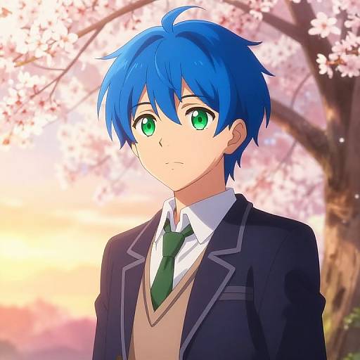 Anime-style digital illustration of a blue-haired, green-eyed boy in a black blazer, green tie, and beige sweater, standing against a cherry blossom
