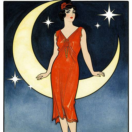 Vintage-style illustration of a pale-skinned woman in a red, sleeveless dress with a crescent moon and stars in the night sky background.