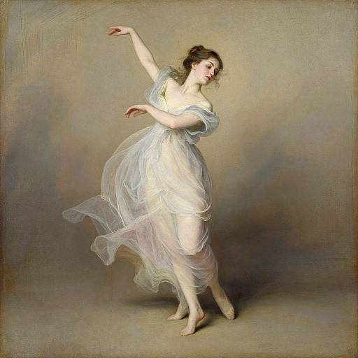 Classical painting of a graceful ballerina in a flowing, translucent white dress, poised elegantly with one arm raised, against a muted, textured