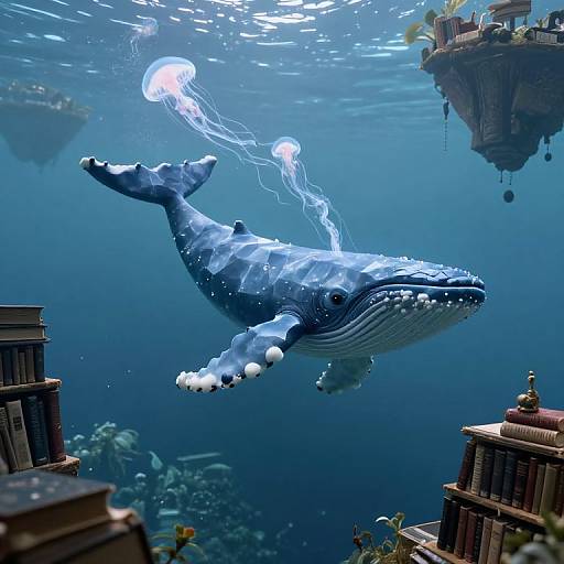 Photograph of a large blue whale with glowing white jellyfish, surrounded by floating bookshelves and an underwater library.